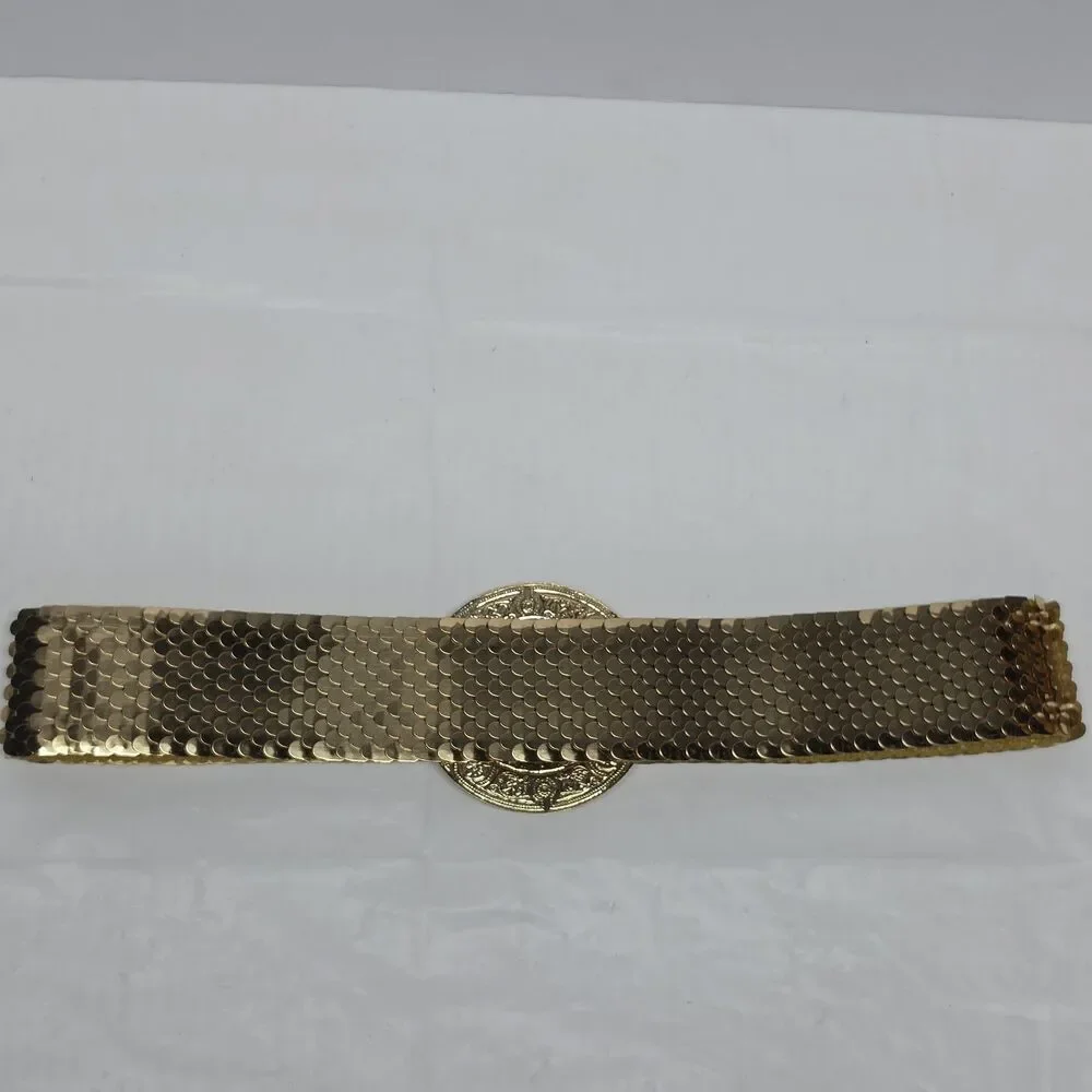 Vintage 80s Gold Tone Metal Scale Stretch Belt Womens Sz XS/S Retro Disco Boho